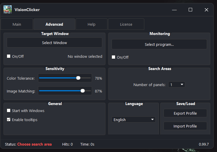 VisionClicker advanced settings screen