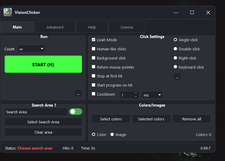 VisionClicker main setup screen